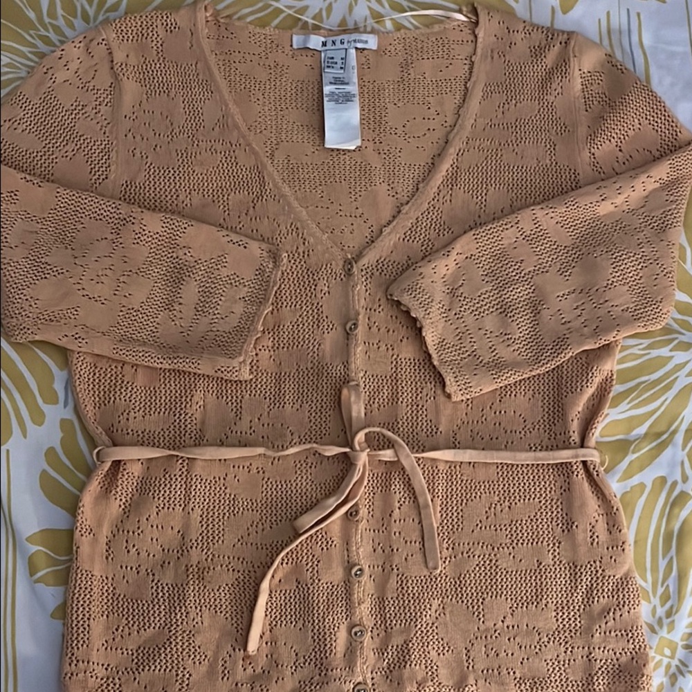 MNG by Mango Tan Cardigan Sweater with V-Neck and Waist Tie